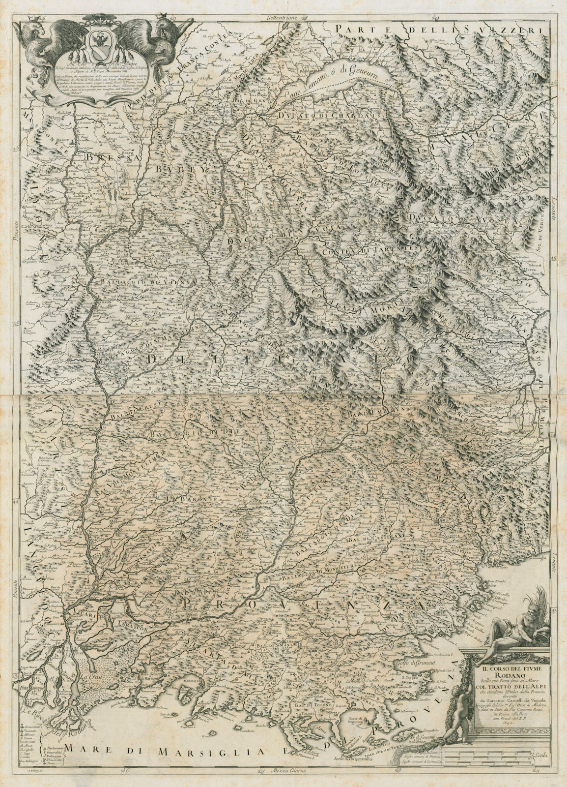 Il Corso del Fiume Rodano. The Rhone Valley. SE France. ROSSI /CANTELLI 1690 map